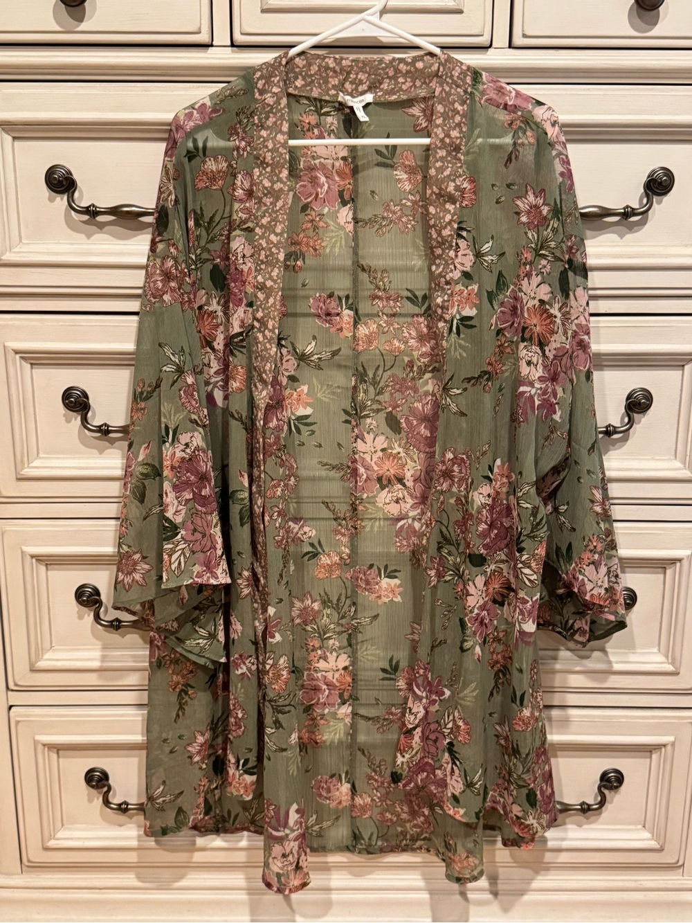 Floral Sheer Kimono- Olive Green & Mauve